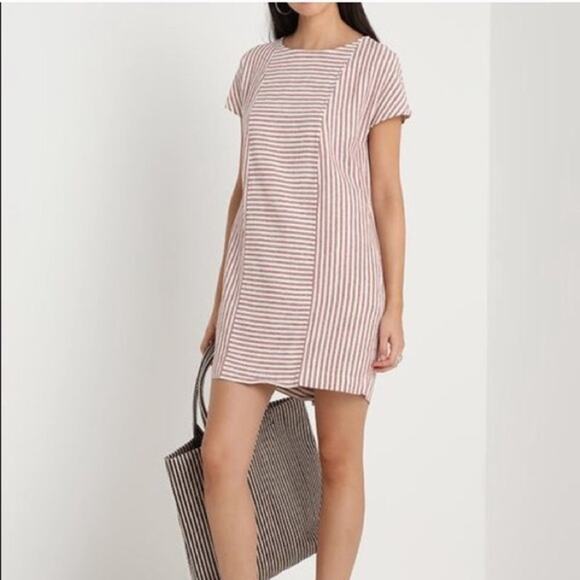 Madewell S Red White Stripe Play Button Back Linen Blend Shift Mini Dress G5305 - Picture 2 of 14